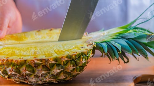 Preview: Closeup of a person slicing pineapple on a wooden board with a blurry background