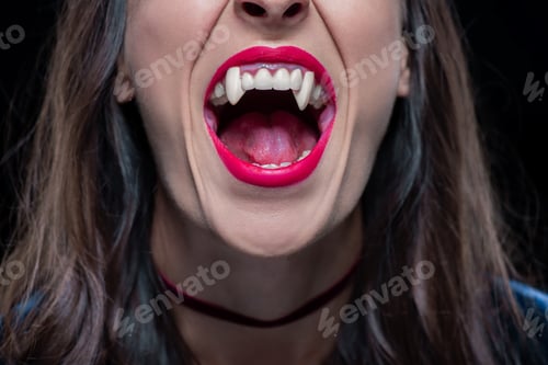 Preview: cropped view of woman showing vampire fangs isolated on black