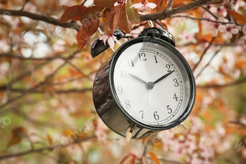 Preview: Alarm clock hanging on blossoming tree branch, outdoors. Time change concept