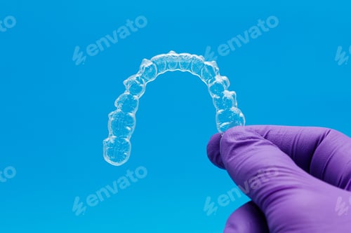 Preview: Hand with gloves holding one transparent retainer on blue background