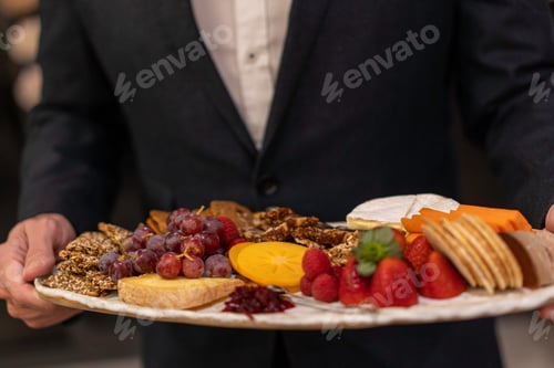 Preview: waiter holding a platter of gourmet foods for guests at a wedding.
