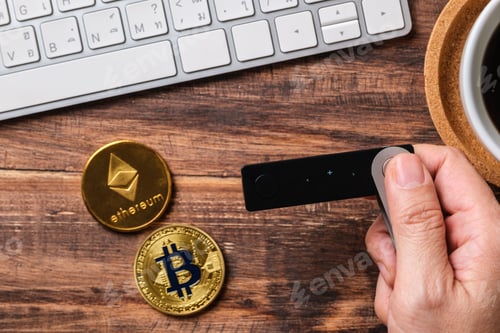 Preview: hand holding hardware wallet and transfer bitcoin and ethereum crypto currency to wallet for safety