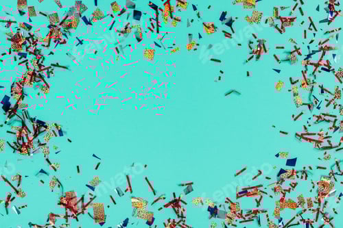 Preview: top view of frame of messy confetti isolated on green