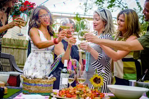 Visualização: Grupo de pessoas na festa no jardim, segurando taças de vinho, fazendo um brinde