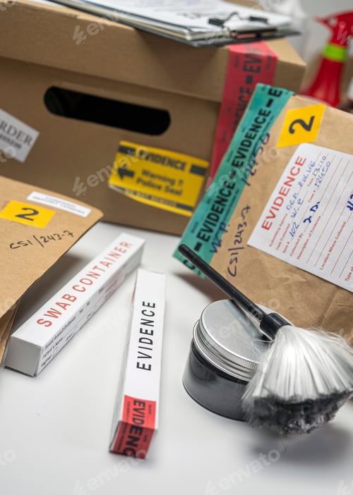 Preview: Files and evidence bag in a crime lab, conceptual image