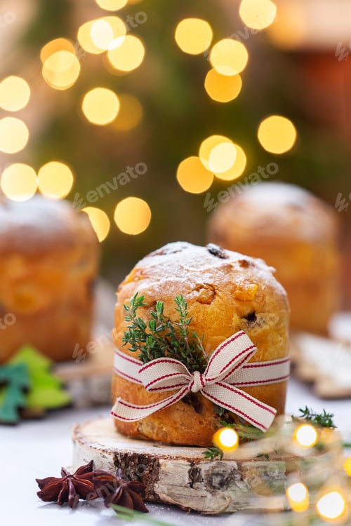Preview: Traditional Italian Christmas cake Panettone with festive decorations
