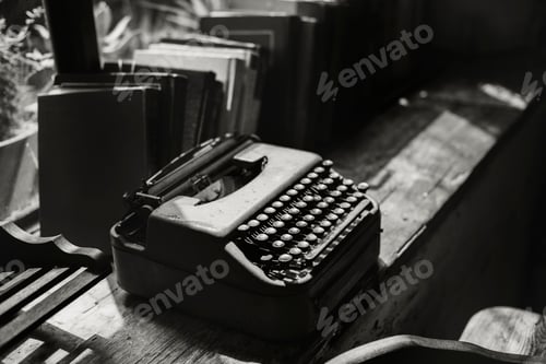 Preview: Closeup of retro typewriter on wooden table