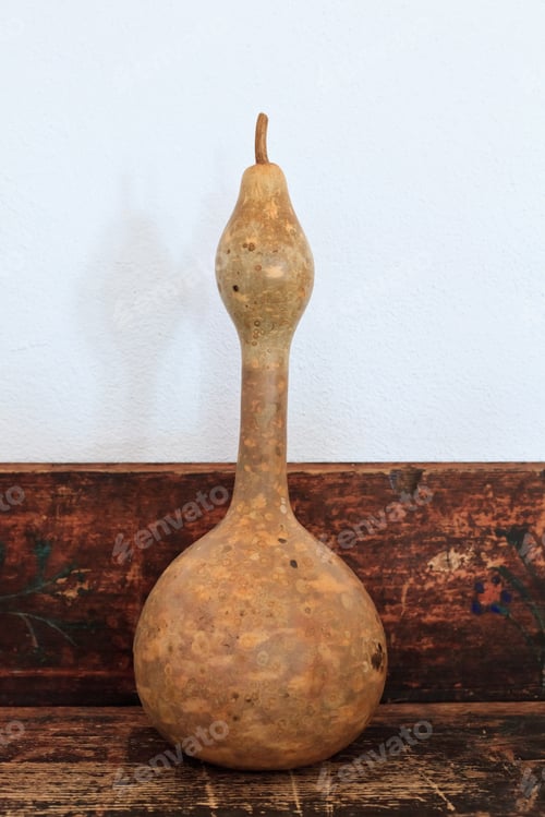 Textured Gourd Against Ornate Wooden Background