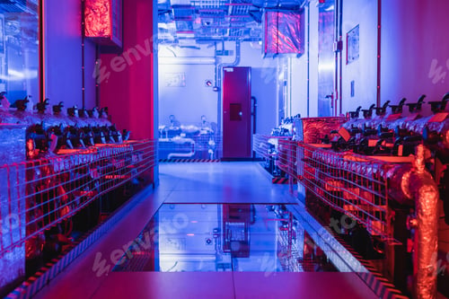 Preview: technical equipment and cooling system of data center in room with neon light, cyber security