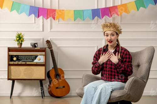 Preview: festa junina cute girl in straw hat brazilian midsummer with retro radio guitar surprised