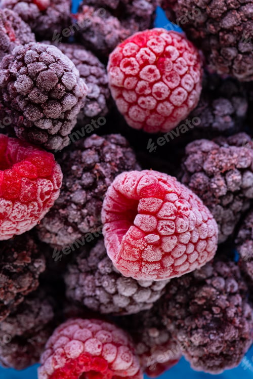 Preview: Micro close up of frozen raspberries with copy space on blue background