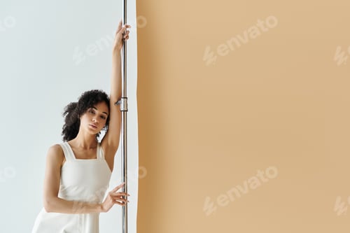 Preview: A stylish woman elegantly poses against a minimalist backdrop in contemporary fashion