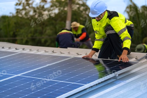 Preview: A skilled technician adjusts a solar panel on rooftop