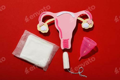 Preview: Means of feminine hygiene during menstruation, on a red background