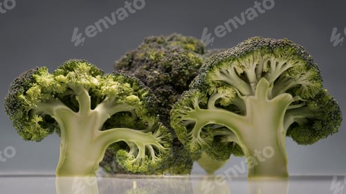 Preview: healthy ripe broccoli branches on reflective surface isolated on grey