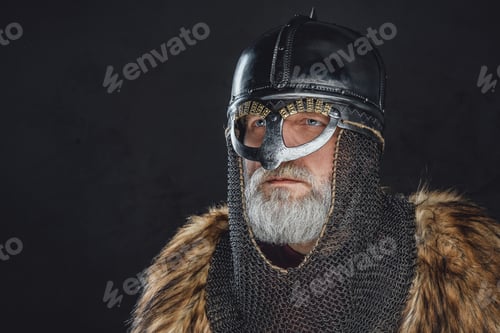 Preview: Headshot of medieval elder knight wearing helmet