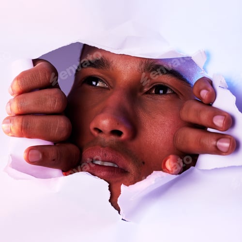 Preview: Face, wall and a man looking through a hole to discover, explore or search while on an adventure. H