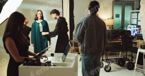 Preview: Photoshoot, production and photographer with woman on set for creative, about us or career. Media,