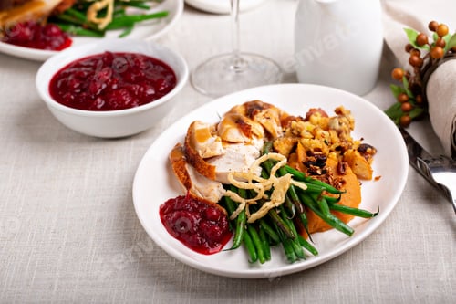 Preview: Festive Thankgiving dinner table with plates of food