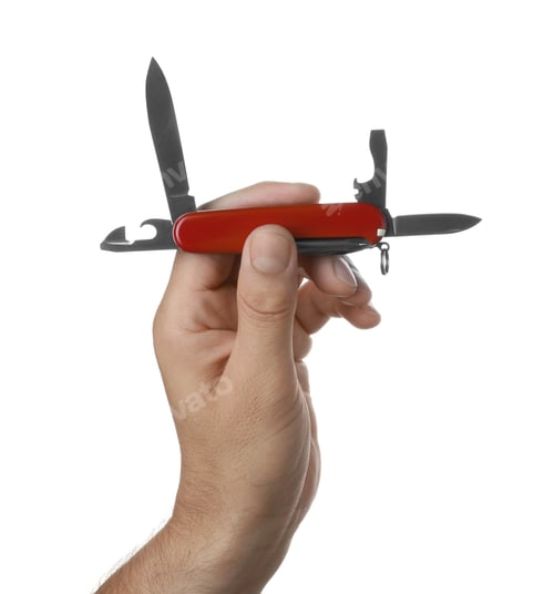 Preview: Man holding multitool on white background, closeup