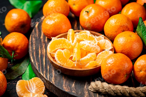 Preview: Juicy ripe tangerines with leaves.