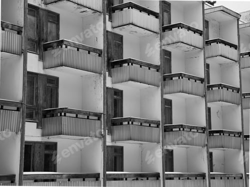 Preview: Grayscale of an old building with multiple balconies