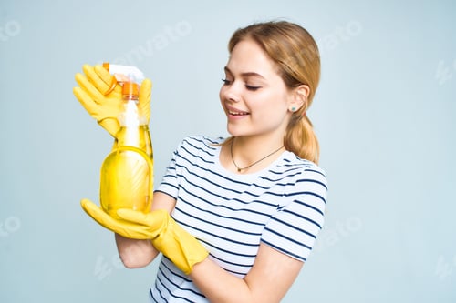 Preview: cheerful housewife cleaning supplies lifestyle
