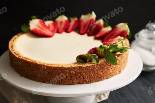Preview: High angle closeup shot of a Strawberry Cheesecake on a white plate and a black background
