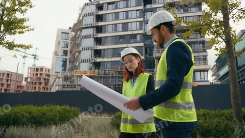 Preview: Two architects urban build workers Caucasian colleagues partners in safety hat and reflective vest