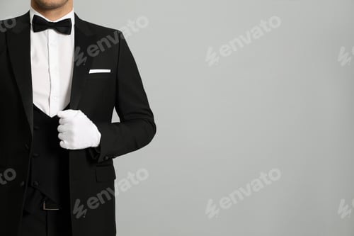 Vorschau: Butler in eleganter Uniform auf grauem Hintergrund, Nahaufnahme. Platz für Text