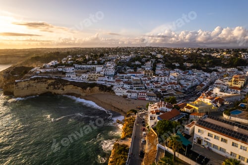 Preview: Carvoeiro popular tourist town in Algarve , Portugal. Aerial drone view