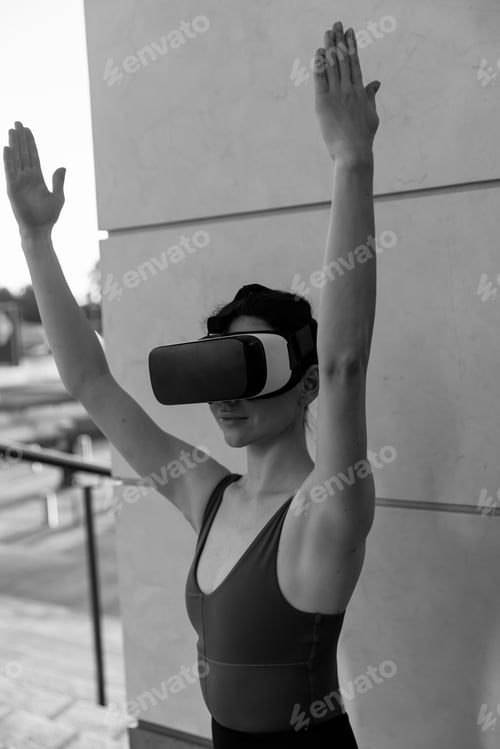 Preview: Beautiful girl doing pilates in the digital universe. Pilates reformer chair. Innovations.