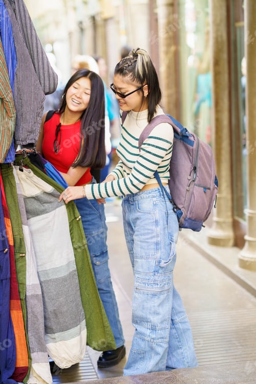 Preview: Happy girl with friend shopping on street market