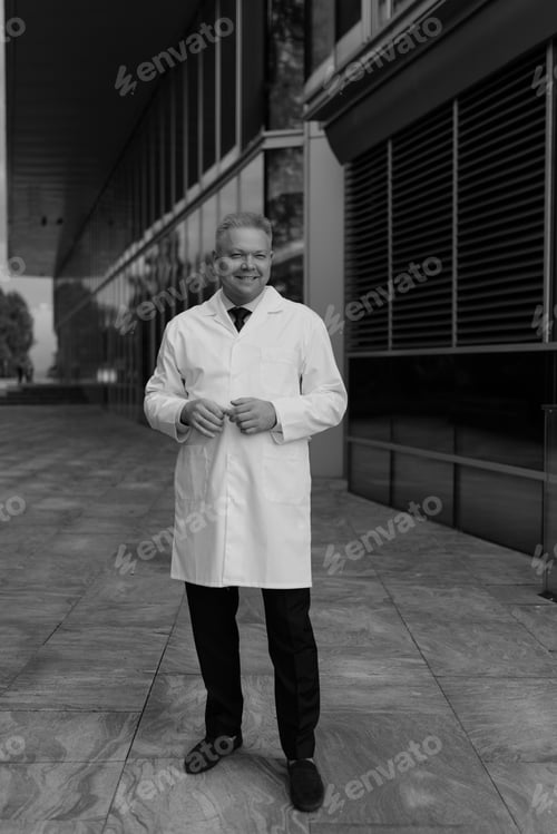 Preview: Portrait of a mature male doctor in a white coat standing against urban city background