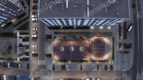 Preview: Top view of modern grounds of residential complex. Stock footage. Luxurious courtyard of modern