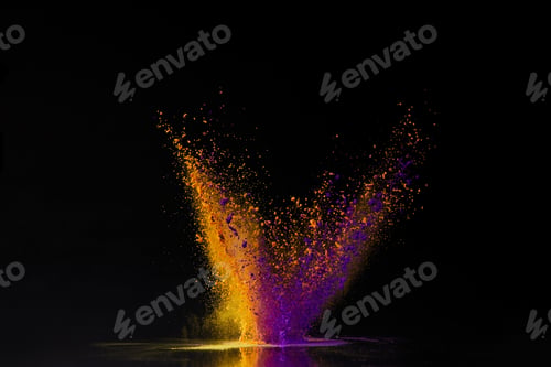 Preview: orange and purple holi powder explosion on black, Hindu spring festival
