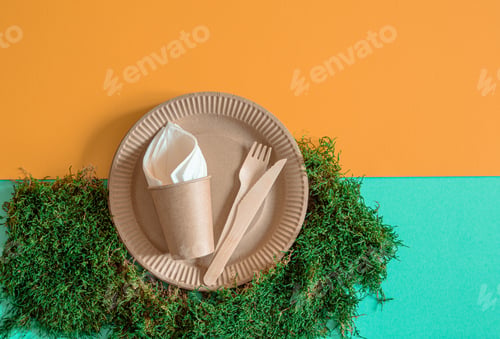 Preview: Eco-friendly, disposable, recyclable tableware on a colored background .