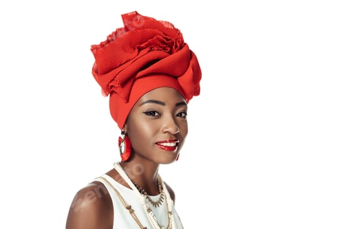 Preview: young african american woman in wire head wrap isolated on white