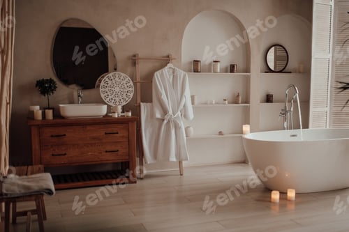 Preview: Luxury interior of big bathroom at modern african style with oval bathtub in natural lighting