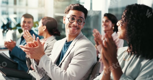 Preview: Business people, audience and man for applause in office, workshop and accountants training at comp