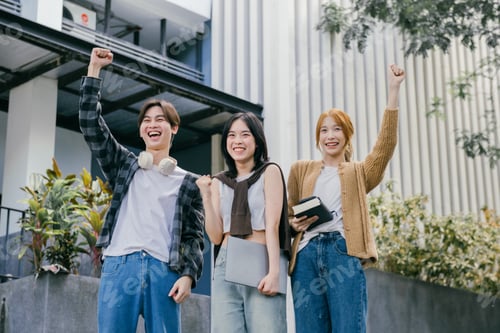 Preview: Three cheerful asian students celebrating academic success outdoors at a modern university, raising