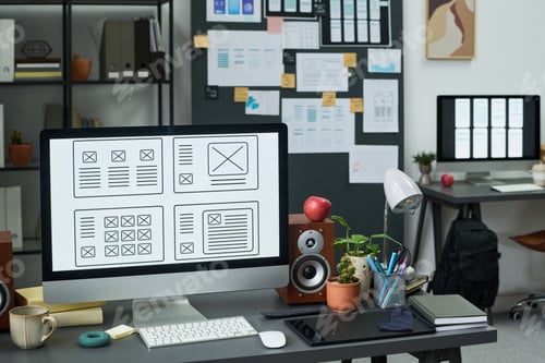 Preview: Modern Office Workspace Featuring Computer Displaying Website Wireframes