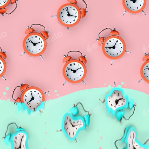 Preview: Time is running out concept shows red alarm clocks that is dissolving down by melting in pastel blue
