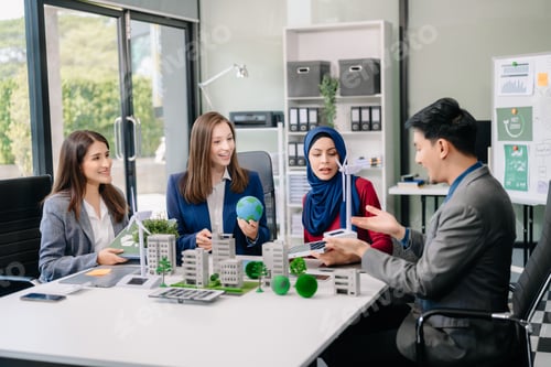 Preview: Group of alternative energy engineers discussing a project with a worker businesspeople a meeting