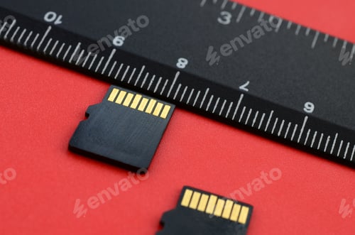 Preview: Two small micro SD memory cards lie on a red background next to a black ruler