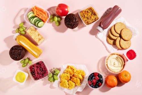Preview: Frame with gluten free salads, snack, smoothies. Quick food to eat on the go