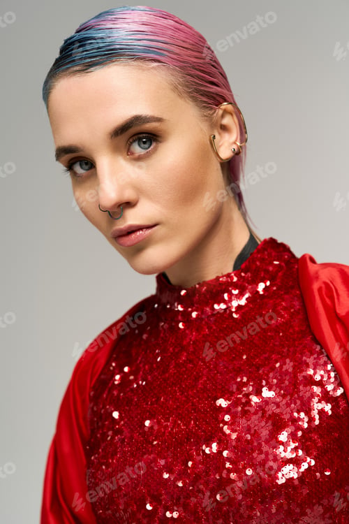 Preview: Stunning young woman showcases festive winter fashion with vibrant colors and sequined style