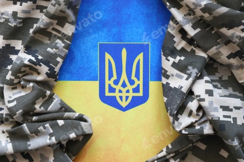 Preview: Ukrainian flag and coat of arms with fabric with texture of pixeled camouflage