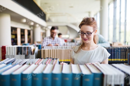 Preview: Portrait of a pretty smiling girl reading book in library