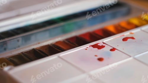 Preview: Close up of palette and used colorful watercolor paints. Concept. The artist hand holds a paint